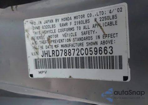 2002 Honda Cr-V Ex z USA, uszkodzony, nr VIN JHLRD78872C059663